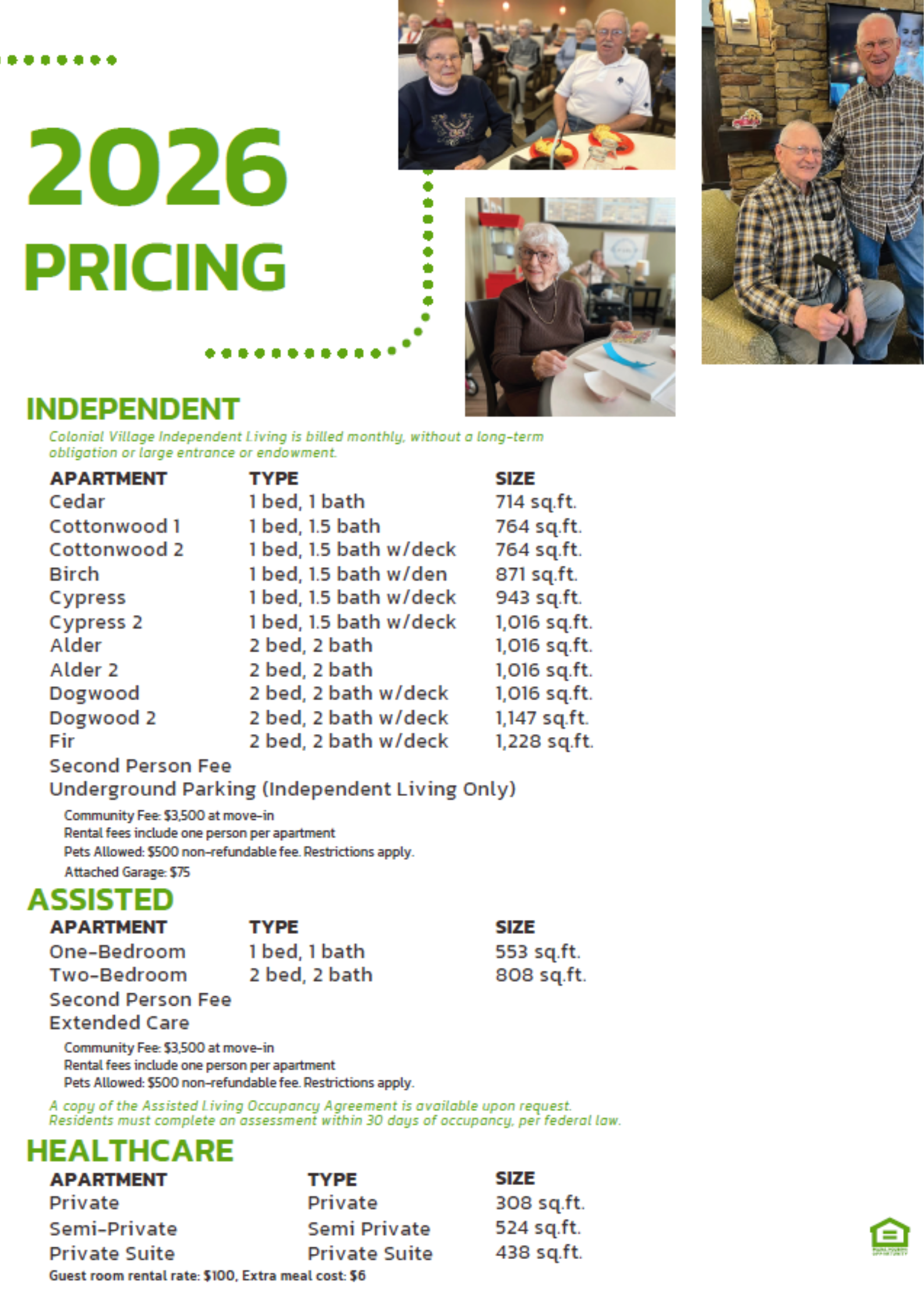 2026 pricing sheet for Colonial Village, featuring independent living, assisted living, and healthcare options with images of seniors enjoying community activities.